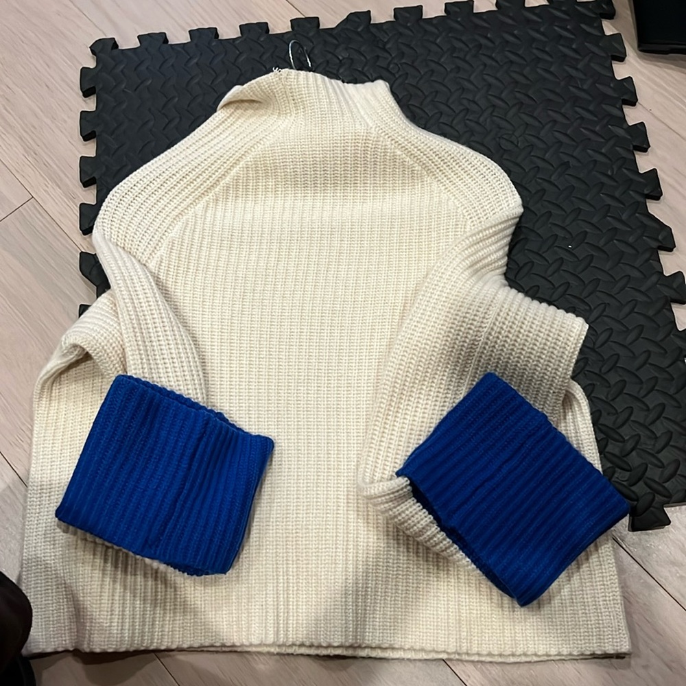 Tory Sport Cream and Blue Cowl Neck Sweater